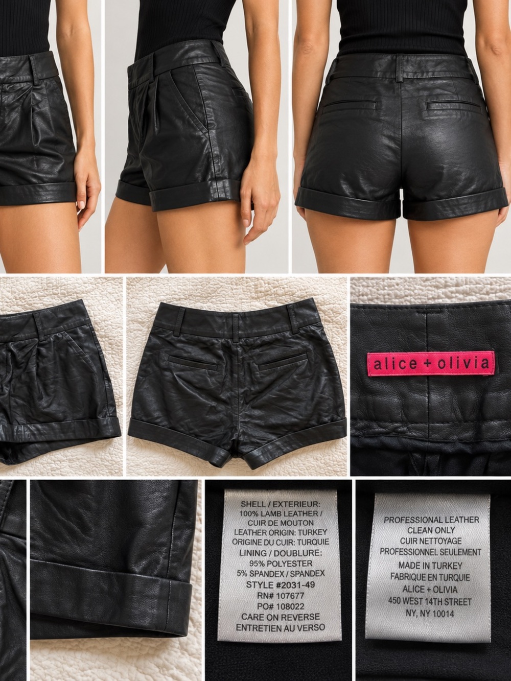 Alice + Olivia Black Lamb Leather Shorts Genuine Leather Cuffed No Size Tag